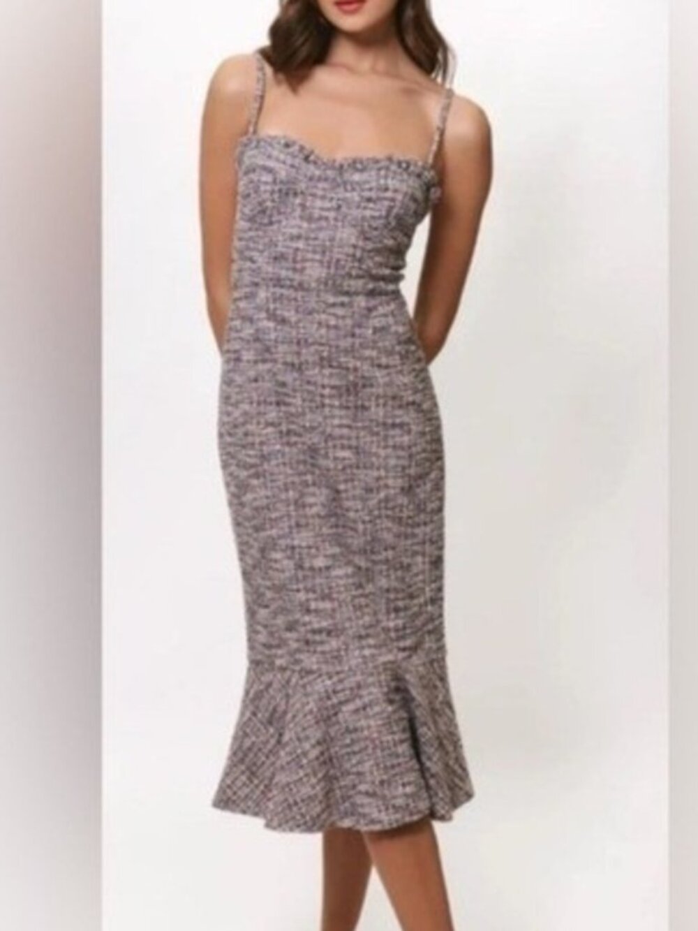 HUTCH Tweed Midi Dress 14 NWT Feminine Fit & Flare Ruffle Hem Chanel Style